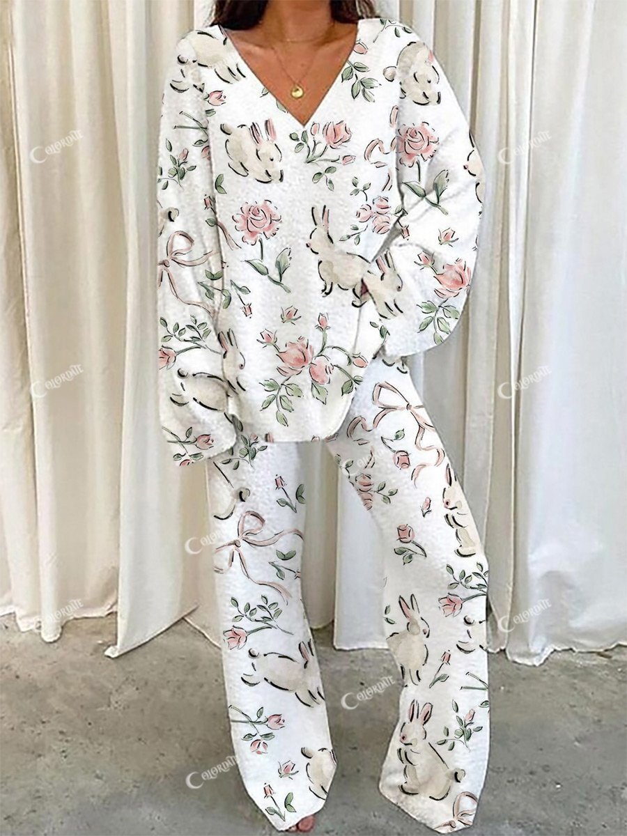 Women's Flower Rabbit Bowknot Ribbon Pattern V-Neck Long Sleeve Pants Suit