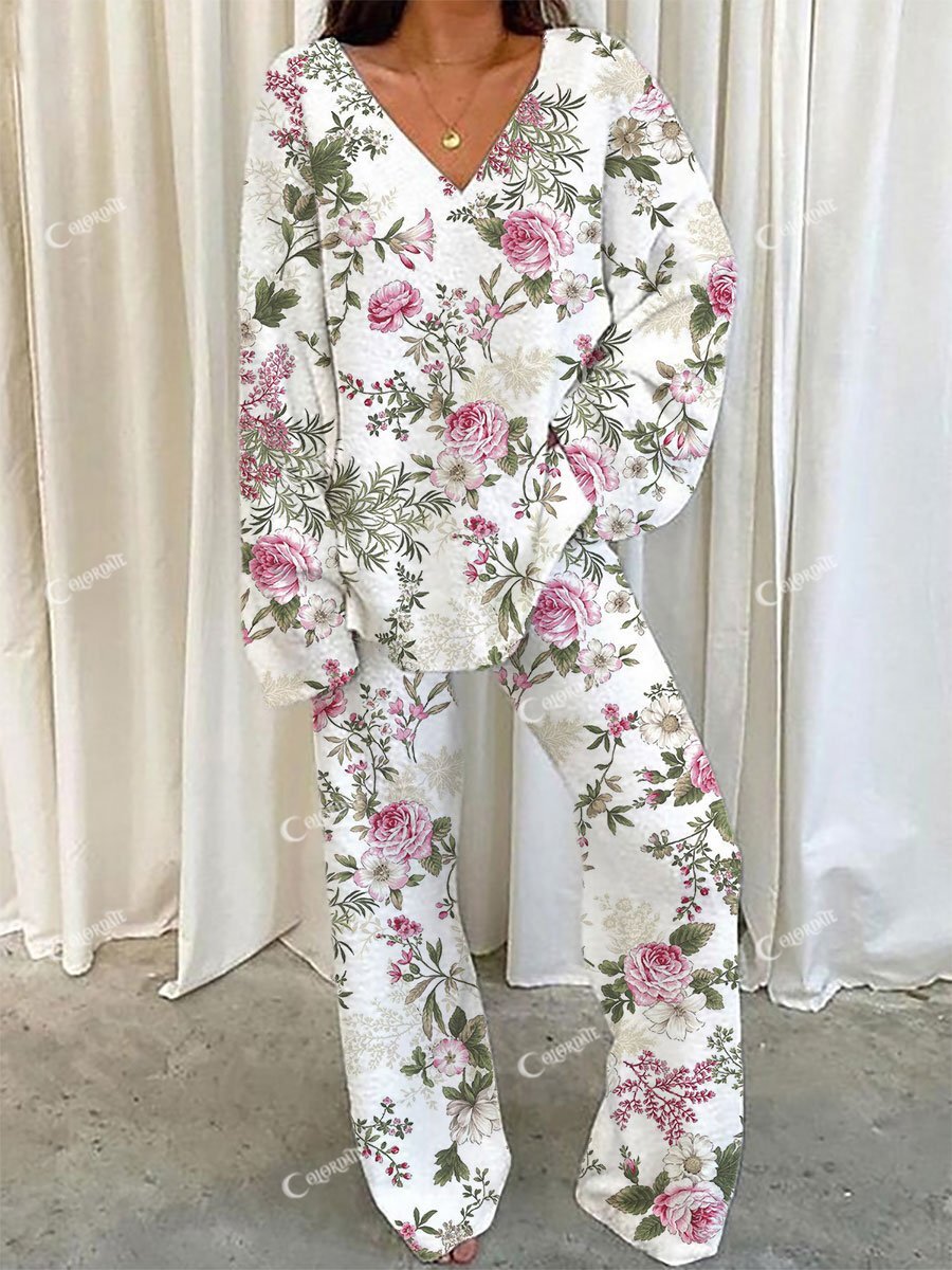 Women's Artistic Floral Pattern V-Neck Long Sleeve Pants Set