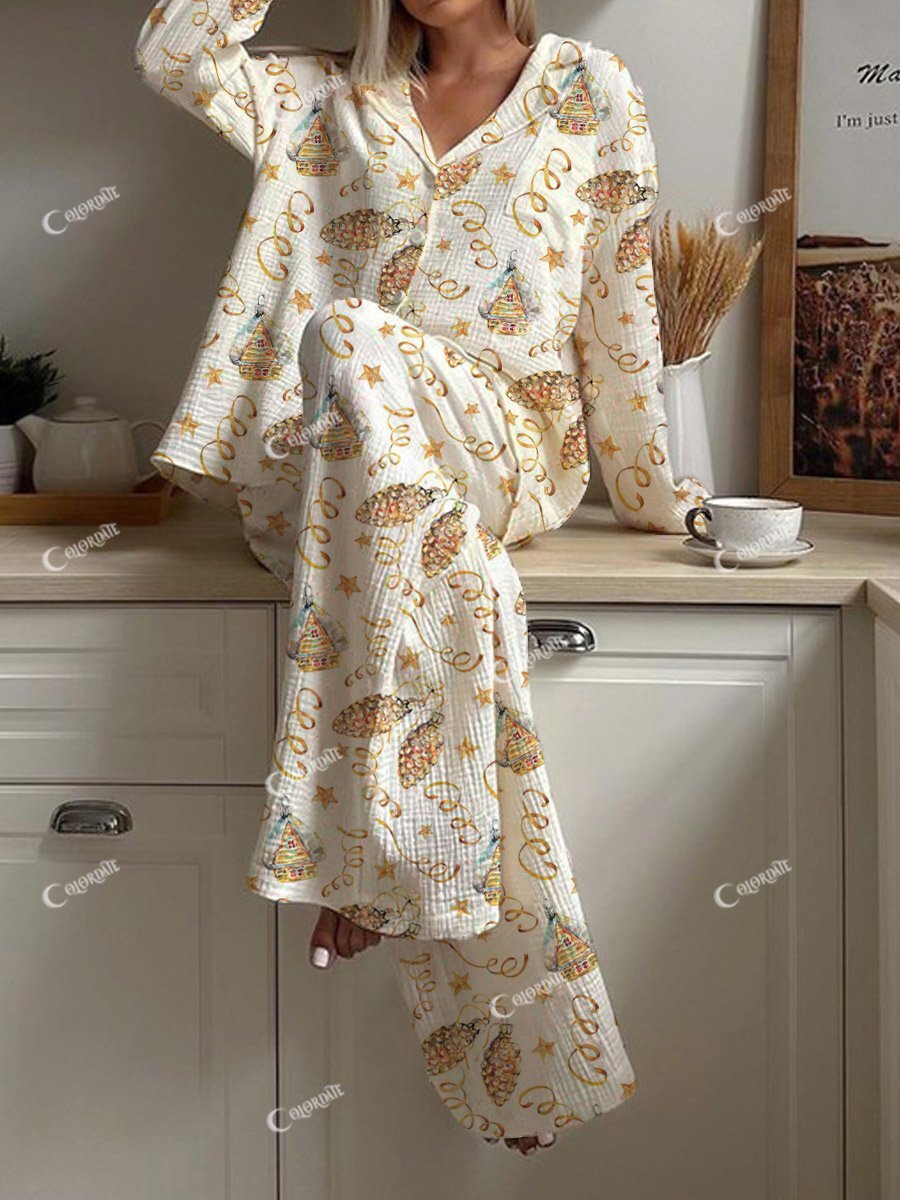 Women's Beige Art Painting Christmas Print Home Long Sleeve Suit