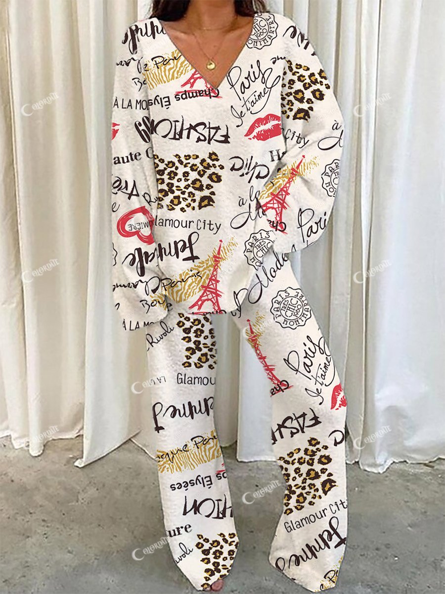 Women's Beige Travel Fun Print Home Long Sleeve Suit