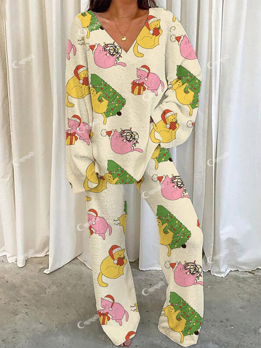 Women's Beige Christmas Funny Animal Print Home Long Sleeve Suit