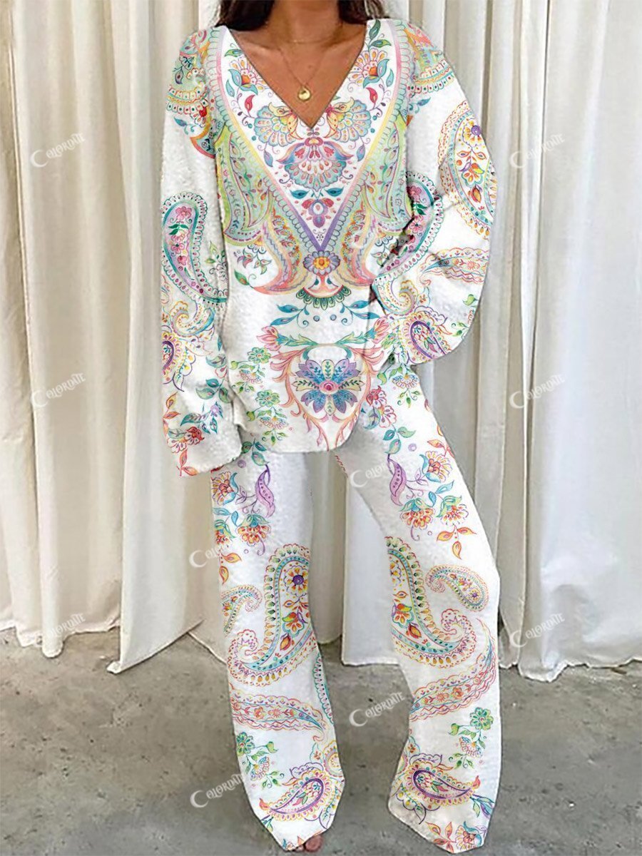 Women's Bohemian Art Painting Printed Home Long Sleeve Suit