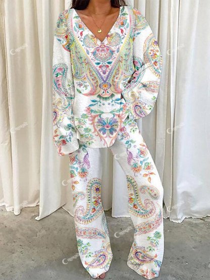 Women's Bohemian Art Painting Printed Home Long Sleeve Suit