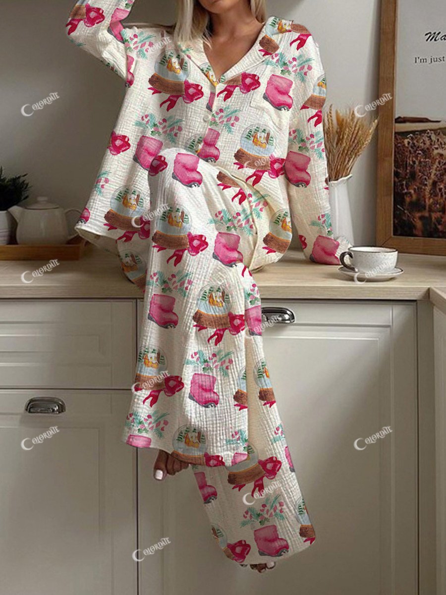 Women's Christmas Crystal Fun Print Home Long Sleeve Suit