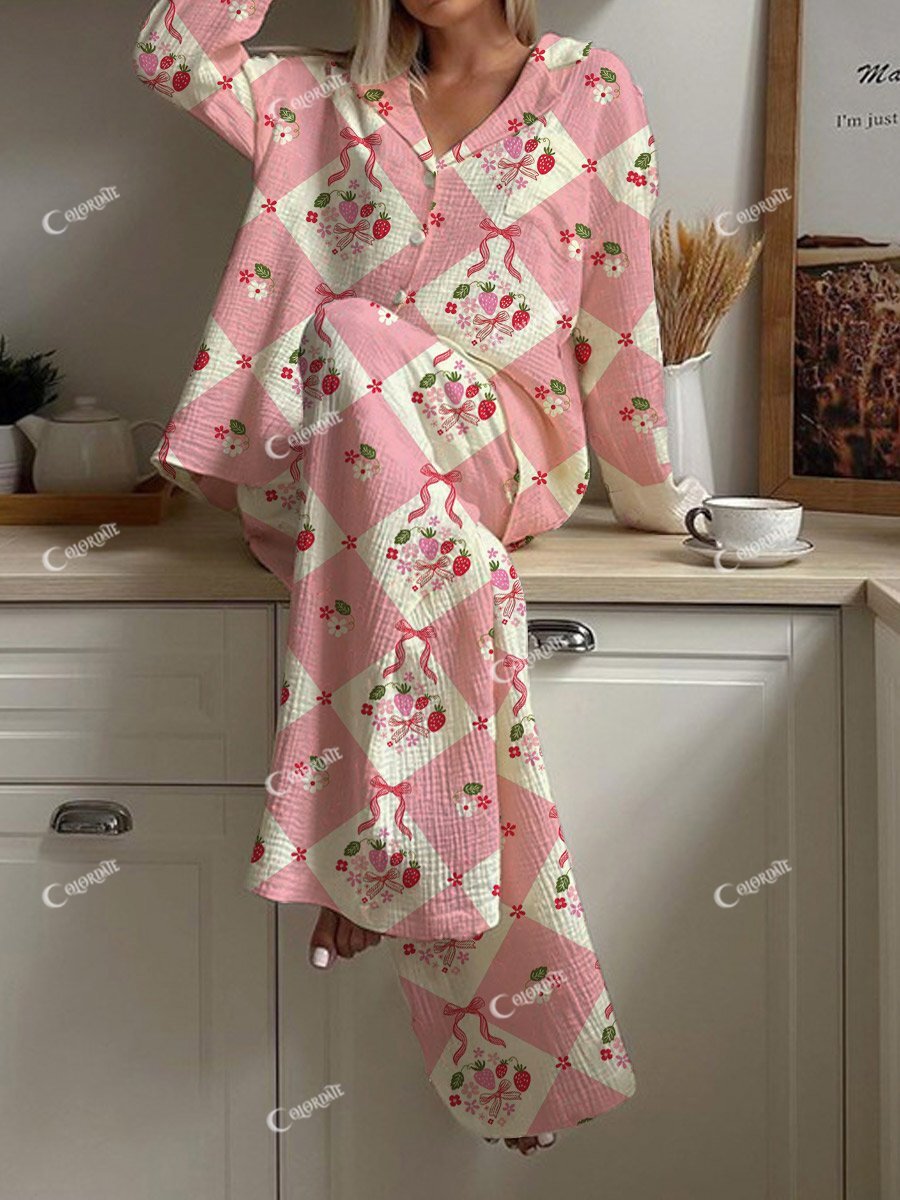 Women's Pink Pastoral Art Print Home Long Sleeve Suit