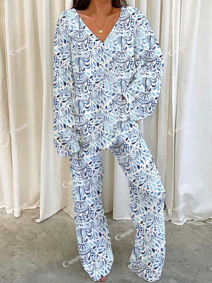 Women's Blue Bohemian Art Painting Printed Home Long Sleeve Suit