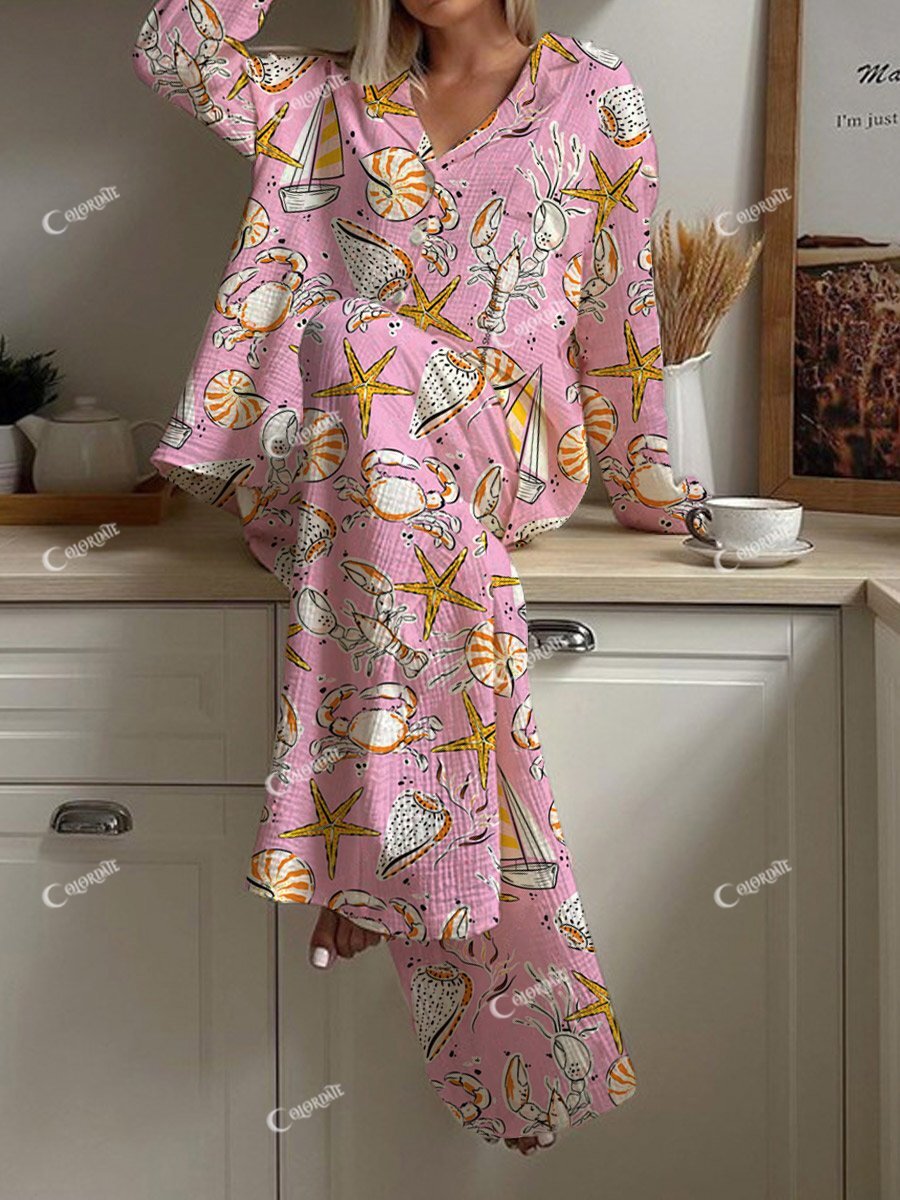 Women's Pink Beach Fun Print Home Long Sleeve Suit