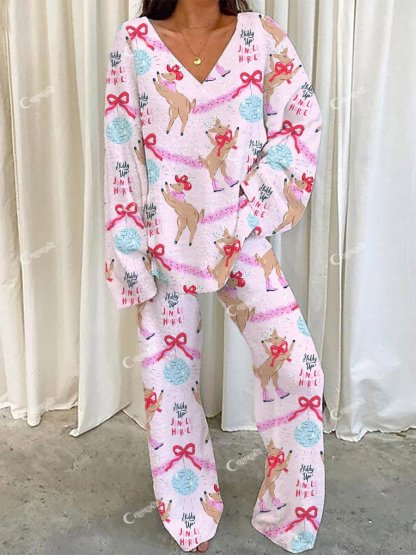 Women's Pink Christmas Funny Animal Print Home Long Sleeve Suit
