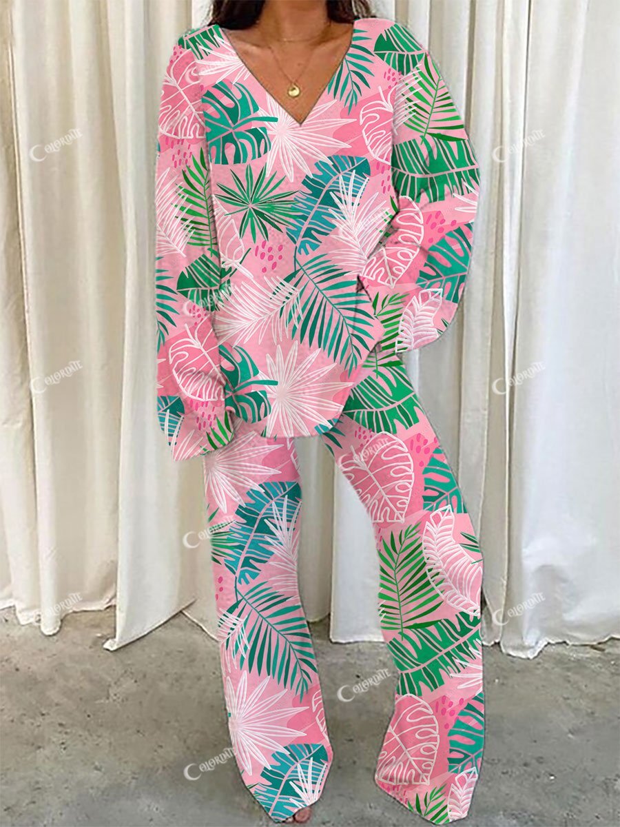 Women's Pink Beach Resort Print Home Long Sleeve Suit