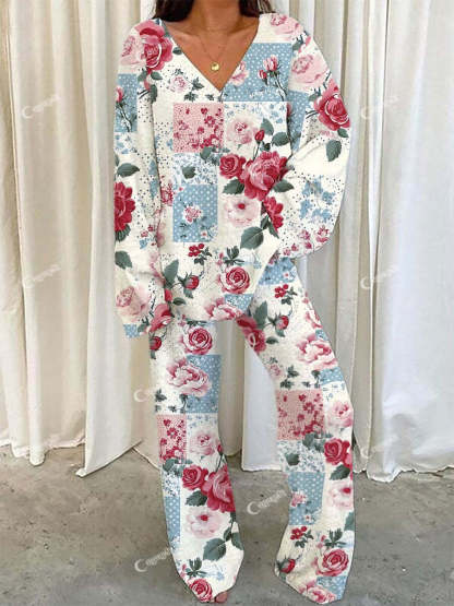 Women's Floral Rag Print V-Neck Suit