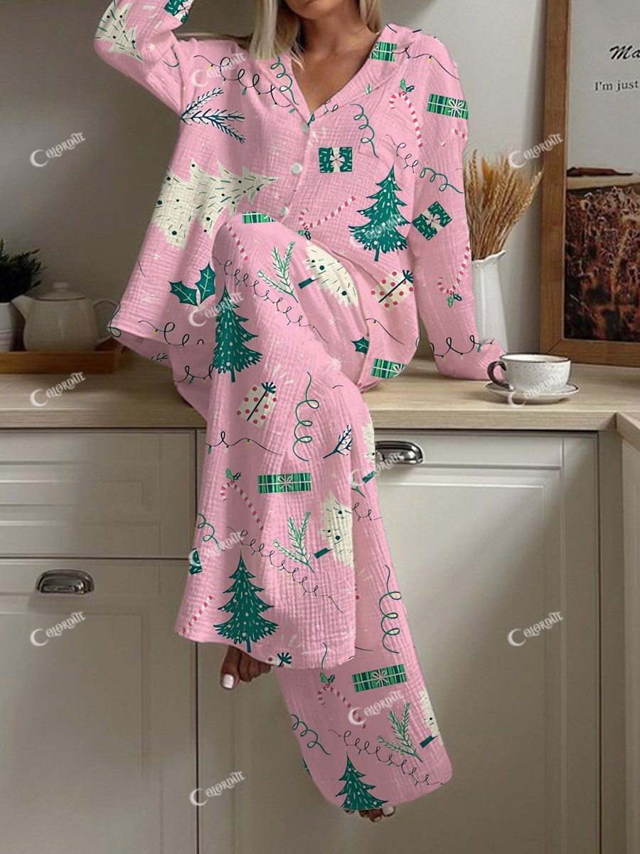 Women's Pink Christmas Tree Gift Print Loose Homewear Set
