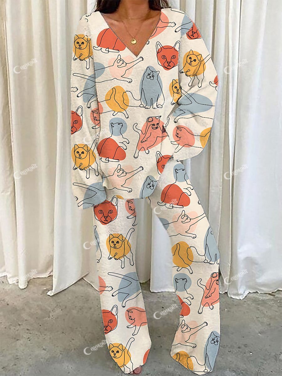 Women's Multicolor Cat Print V-Neck Suit