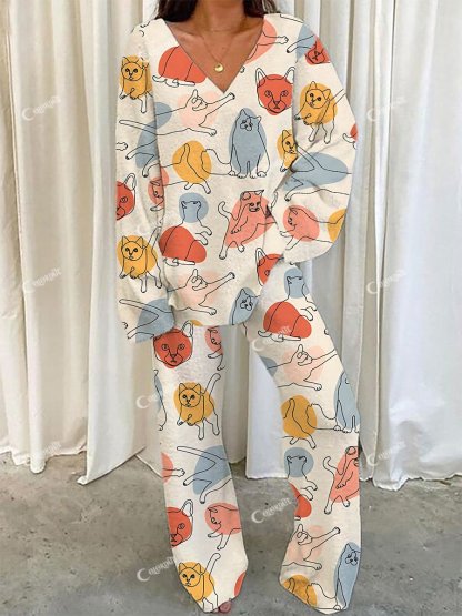 Women's Multicolor Cat Print V-Neck Suit