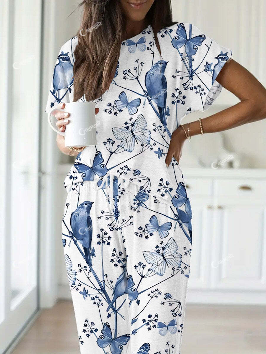Women's Bird Butterfly Print Short Sleeve Homewear Set