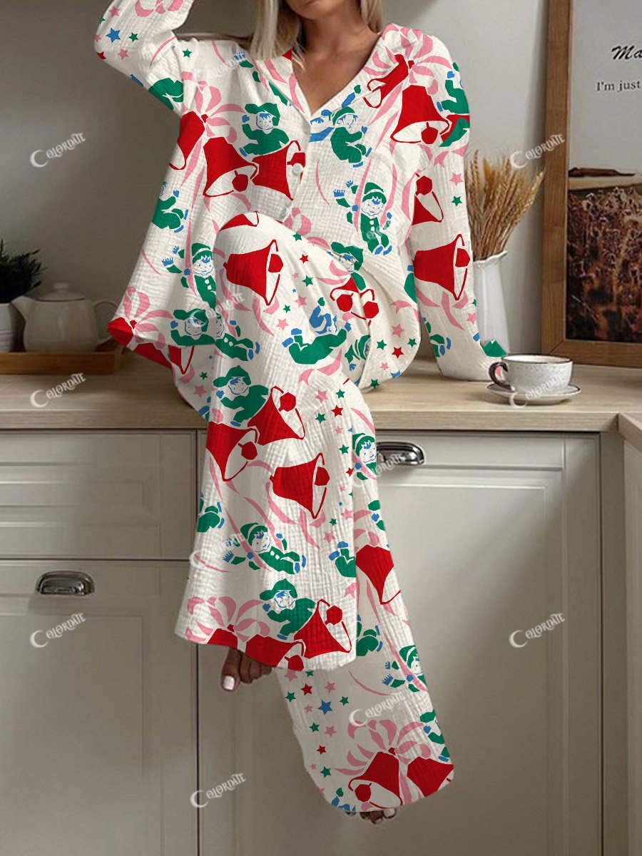 Women's Christmas Bell Bow Print Loose Homewear Set