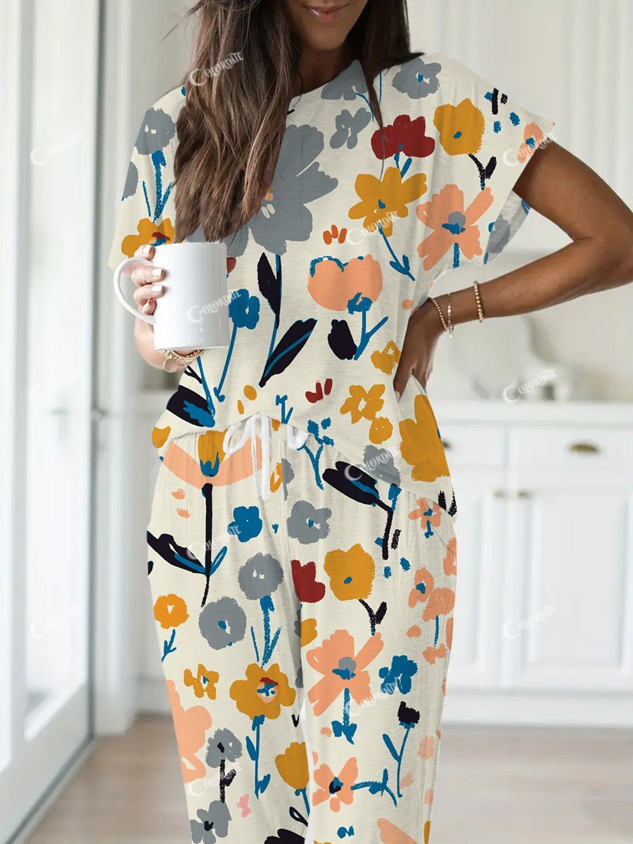 Women's Floral Art Print Short Sleeve Homewear Set