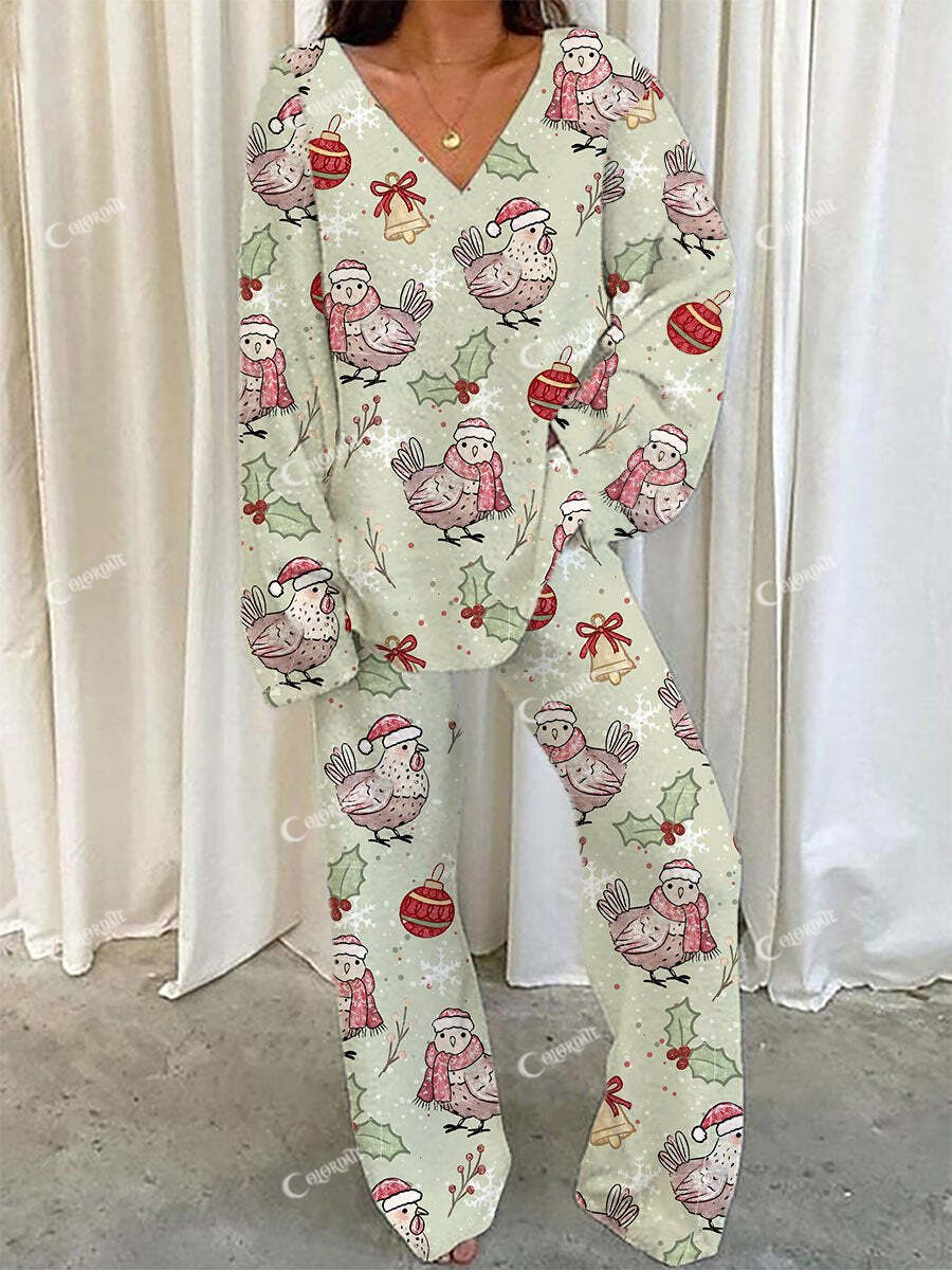 Women's Christmas Chick Bell Print V-Neck Suit