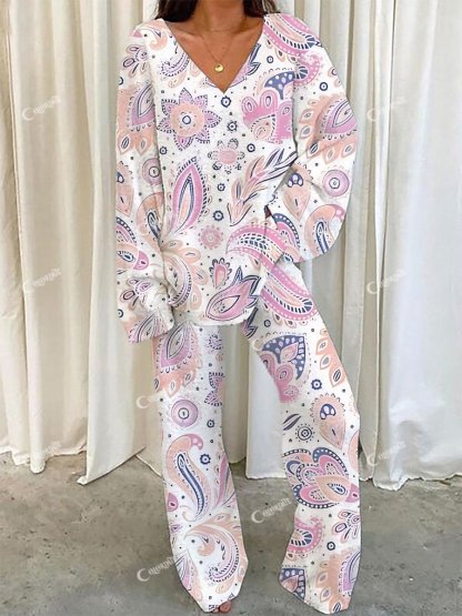 Women's Elegant Bohemian Printed V-Neck Suit