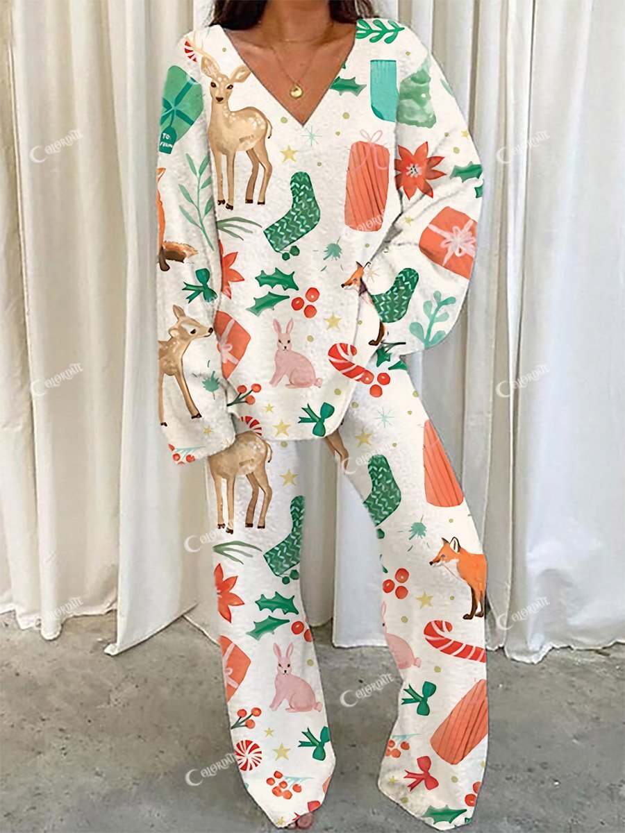 Women's Christmas Deer Socks Print V-Neck Suit