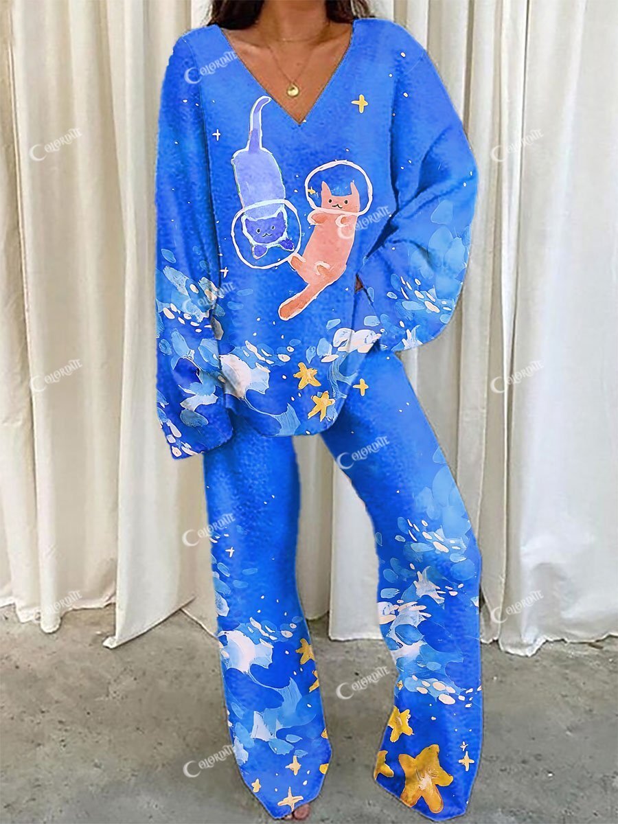 Women's Cute Diving Cat Printed V-Neck Long Sleeve Suit