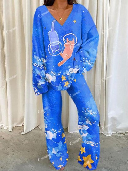 Women's Cute Diving Cat Printed V-Neck Long Sleeve Suit