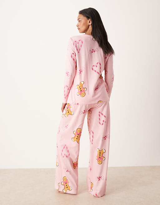 Maternity gingerbread & candy cane long sleeve top & trouser pyjama set in pink marl