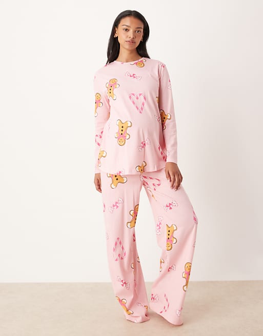 Maternity gingerbread & candy cane long sleeve top & trouser pyjama set in pink marl