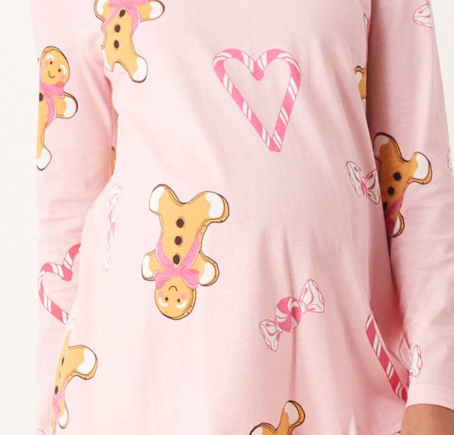 Maternity gingerbread & candy cane long sleeve top & trouser pyjama set in pink marl