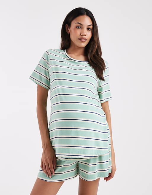  Maternity mix & match boxer pyjama short in sage & blue Stripe