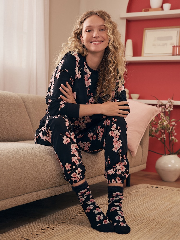Black Pink Floral Pyjama Set