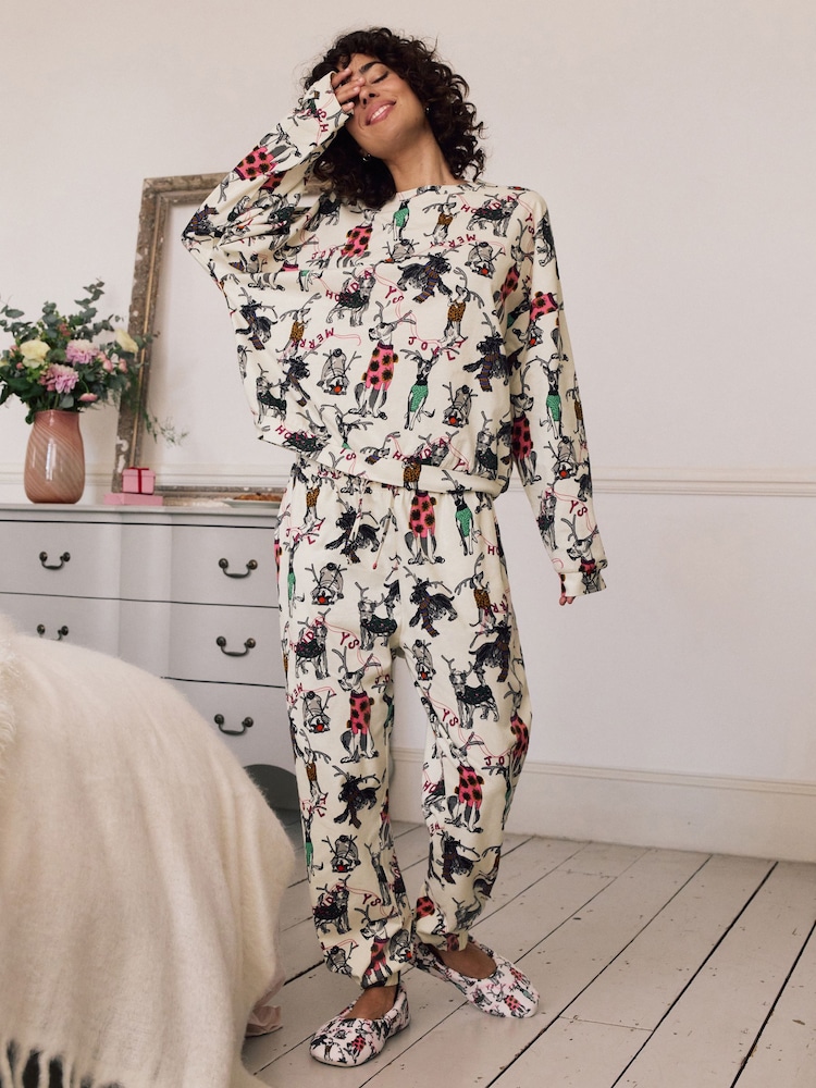 Cream Christmas Dog Long Sleeve Gift Wrap Pyjamas