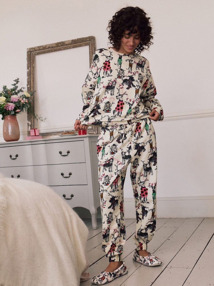 Cream Christmas Dog Long Sleeve Gift Wrap Pyjamas