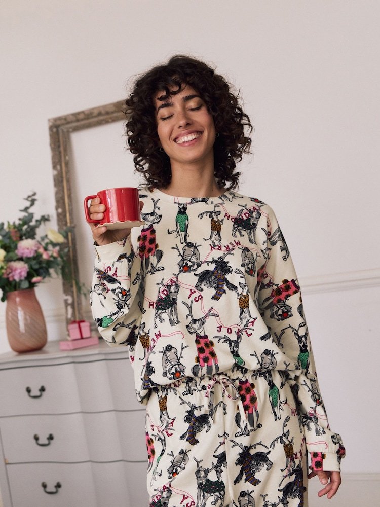 Cream Christmas Dog Long Sleeve Gift Wrap Pyjamas