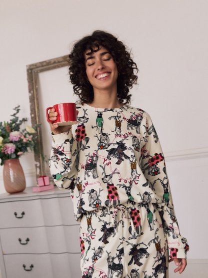 Cream Christmas Dog Long Sleeve Gift Wrap Pyjamas