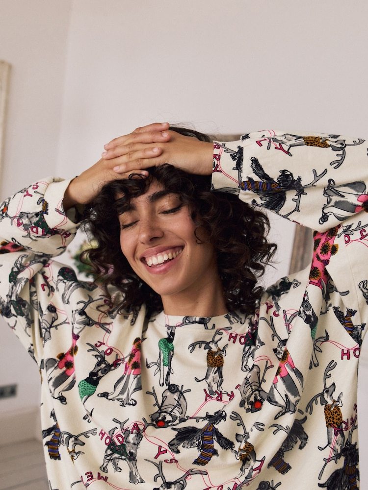 Cream Christmas Dog Long Sleeve Gift Wrap Pyjamas