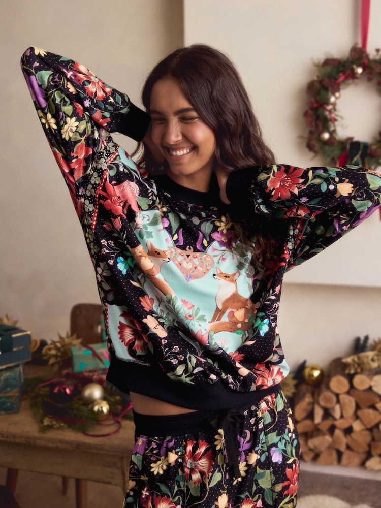 Black Floral Print Cosy Long Sleeve Pyjamas
