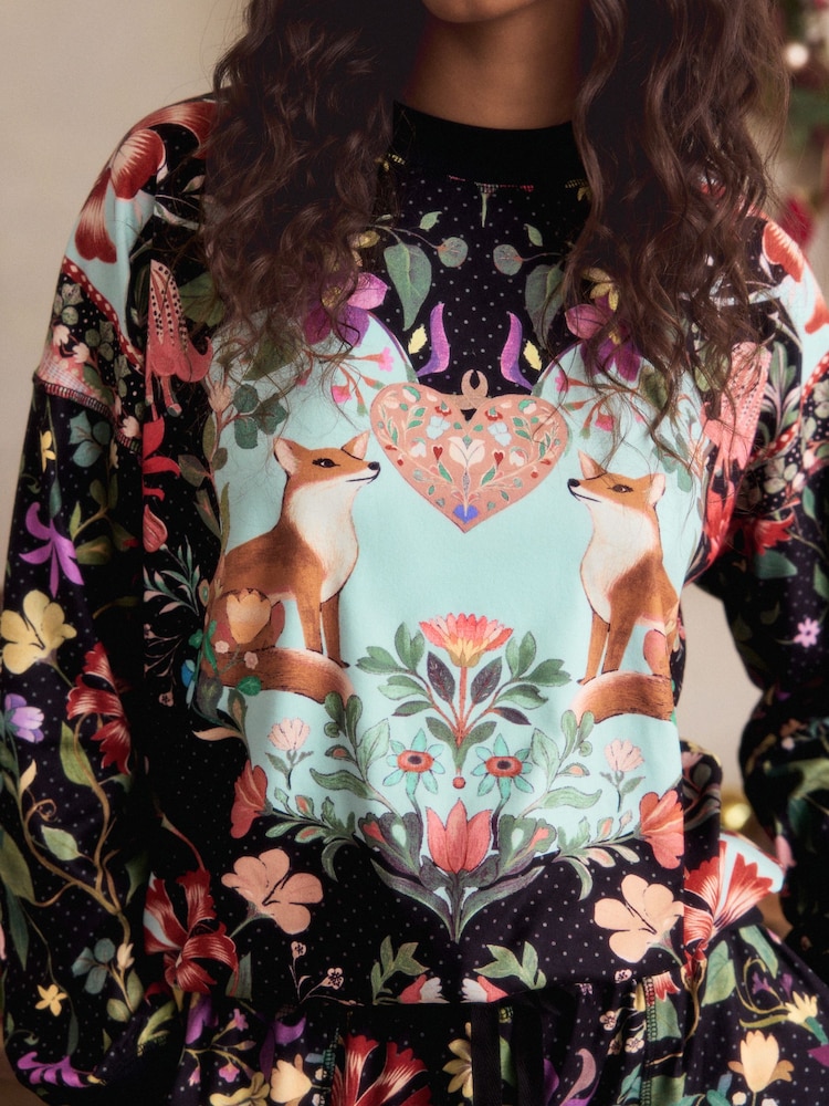 Black Floral Print Cosy Long Sleeve Pyjamas