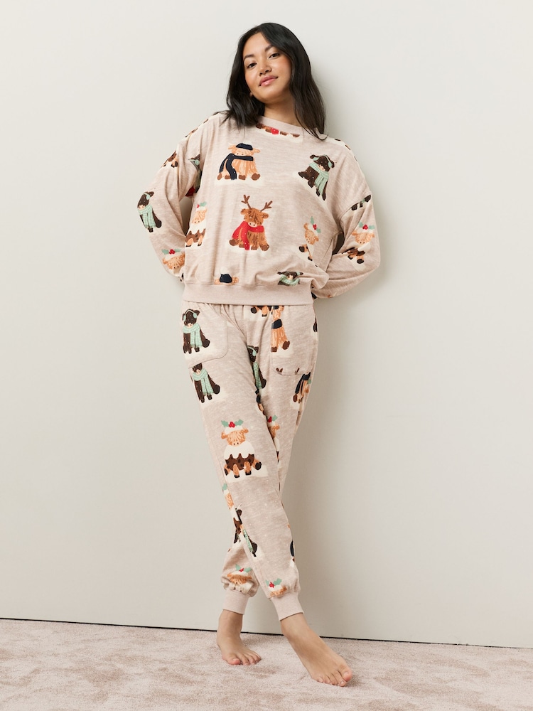 Oatmeal Hamish The Highland Cow Matching Family Christmas Pyjamas