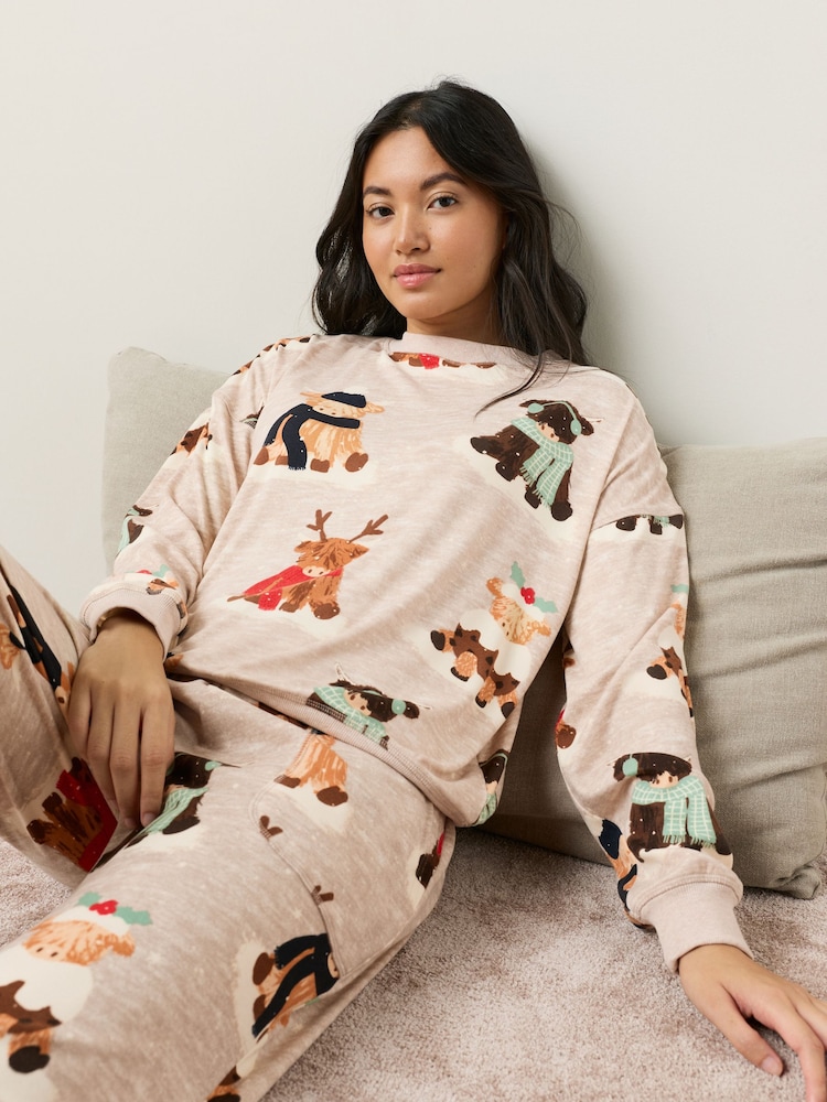 Oatmeal Hamish The Highland Cow Matching Family Christmas Pyjamas