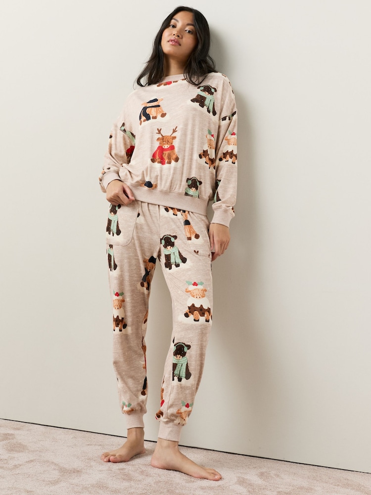 Oatmeal Hamish The Highland Cow Matching Family Christmas Pyjamas