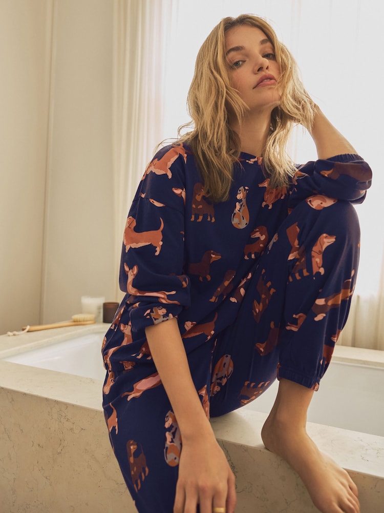 Navy Blue Dachshund Long Sleeve Pyjamas