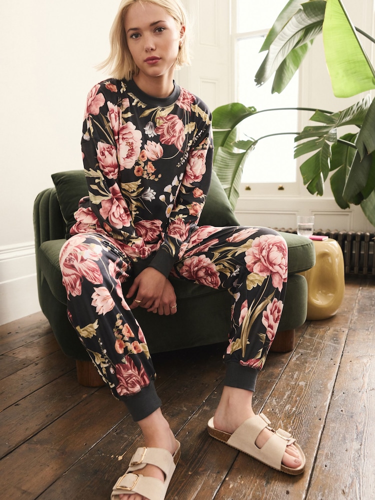 Black Floral Cosy Long Sleeve Pyjamas
