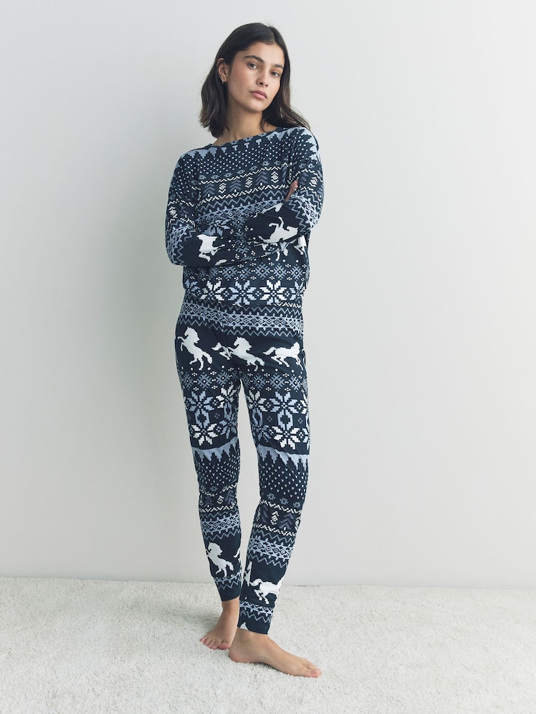 Navy Horse Print Long Sleeve Pyjamas