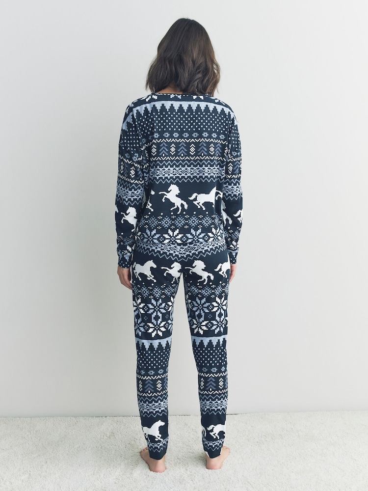 Navy Horse Print Long Sleeve Pyjamas