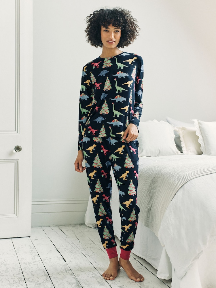 Blue Christmas Dinosaur Print Long Pyjamas Set