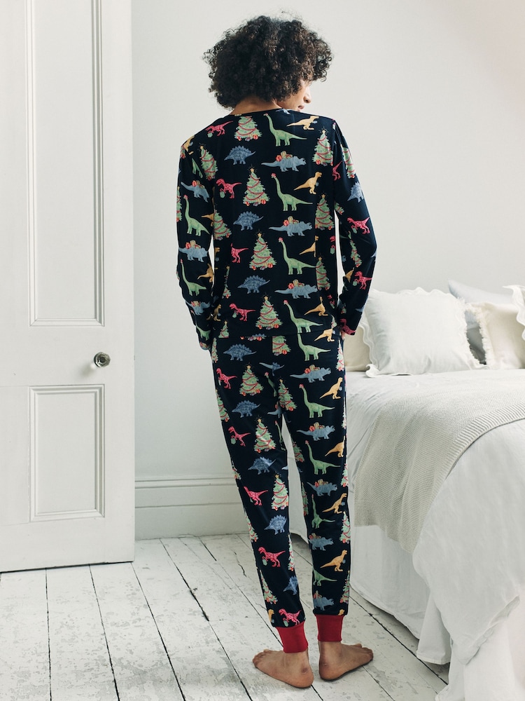Blue Christmas Dinosaur Print Long Pyjamas Set