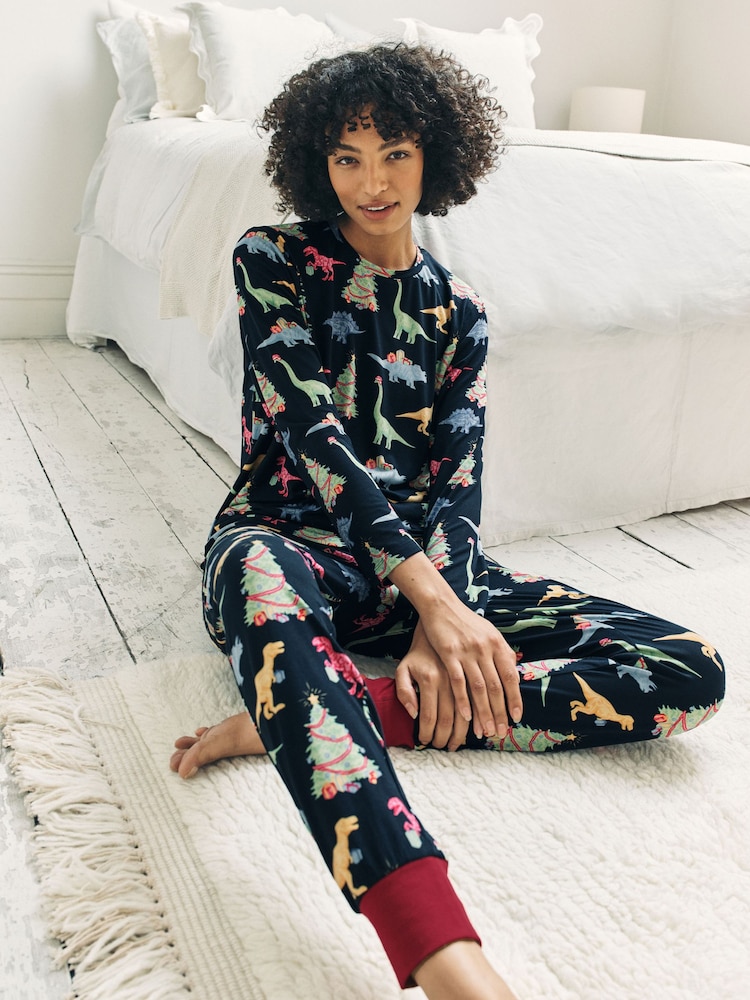 Blue Christmas Dinosaur Print Long Pyjamas Set