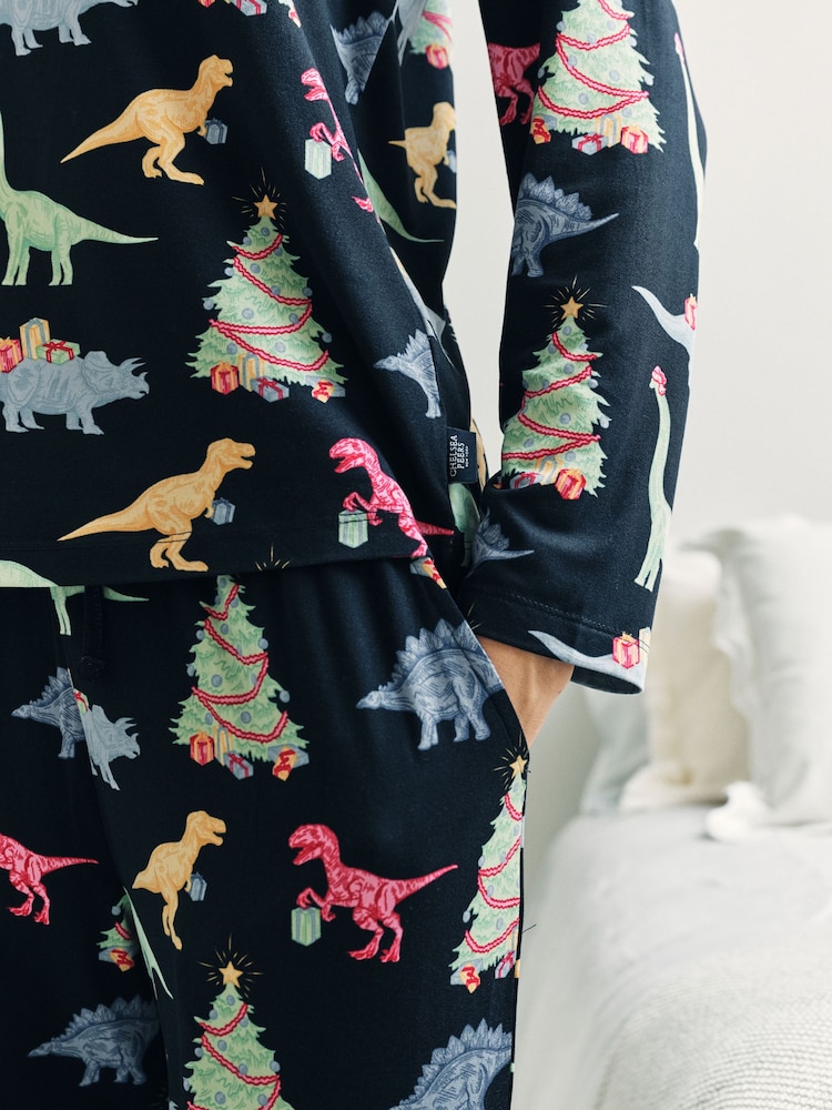 Blue Christmas Dinosaur Print Long Pyjamas Set