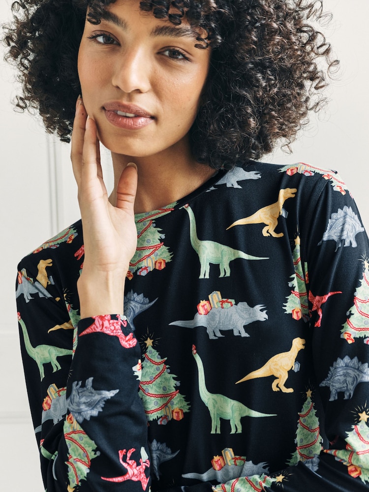 Blue Christmas Dinosaur Print Long Pyjamas Set