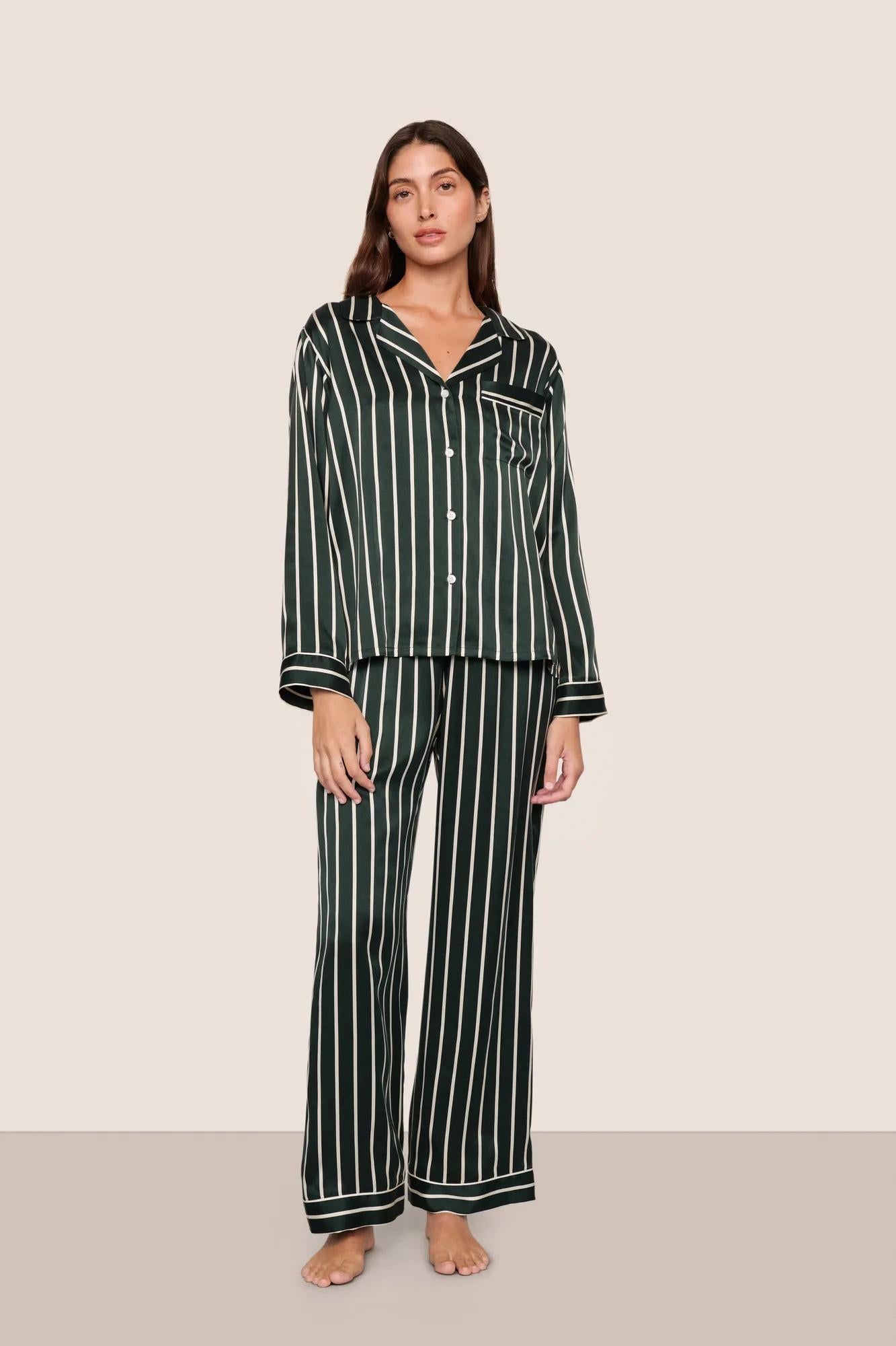 Women's Green Stripe Printed Home Long Sleeve Suit